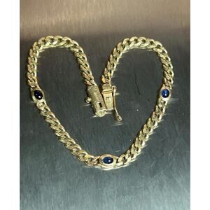 Vtg Al’Oro Greek Jewelry 14K 585 Yellow Gold Sapphire Miami Cuban Link Bracelet